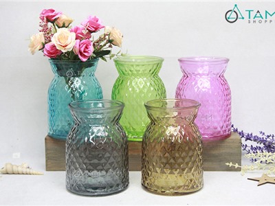 Lọ hoa thủy tinh trong suốt vát caro nhiều màu LHTT-48